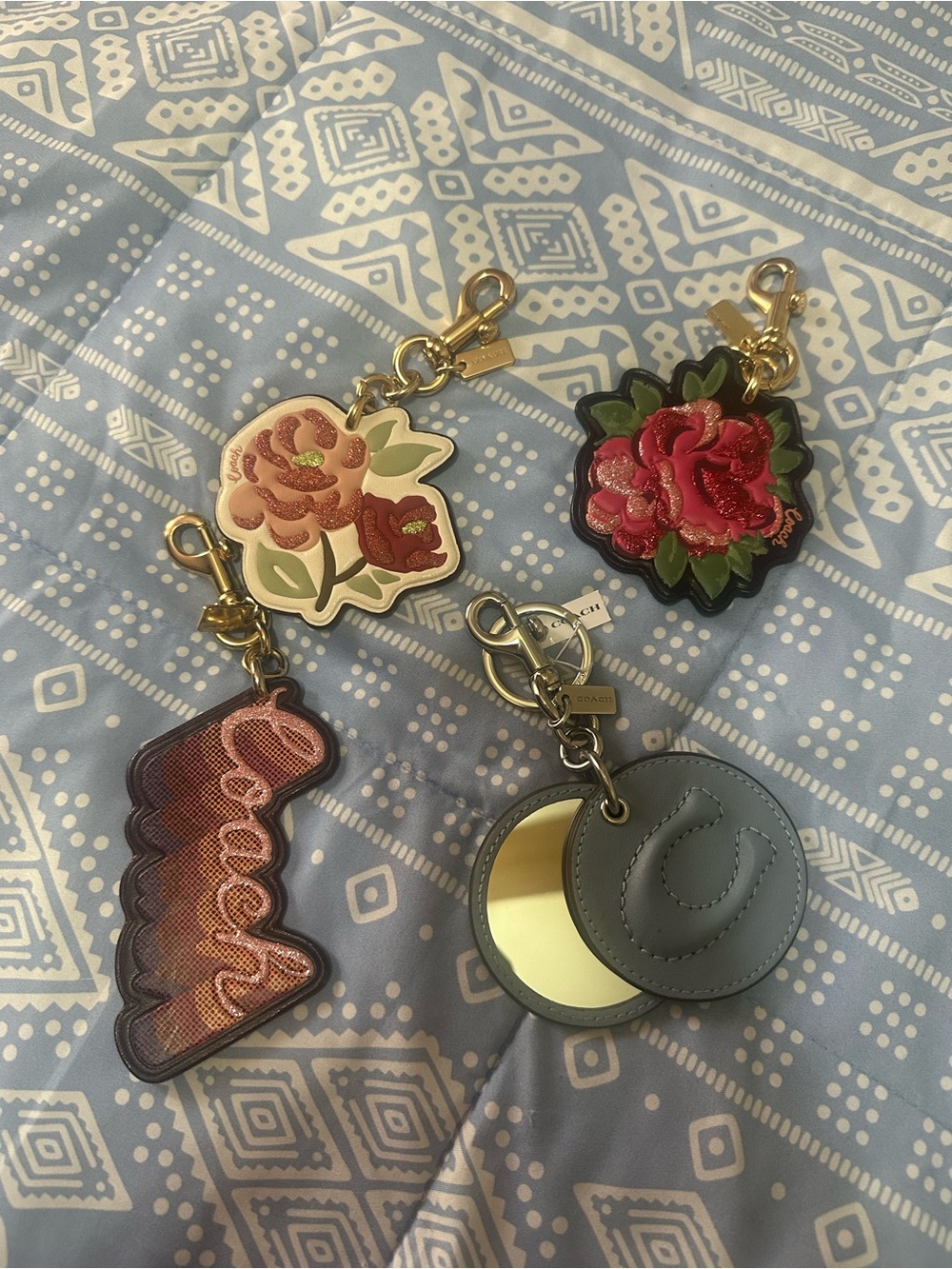 Coach Floral & Logo Charm Set in Pink, Red, Green, Gray, Gold